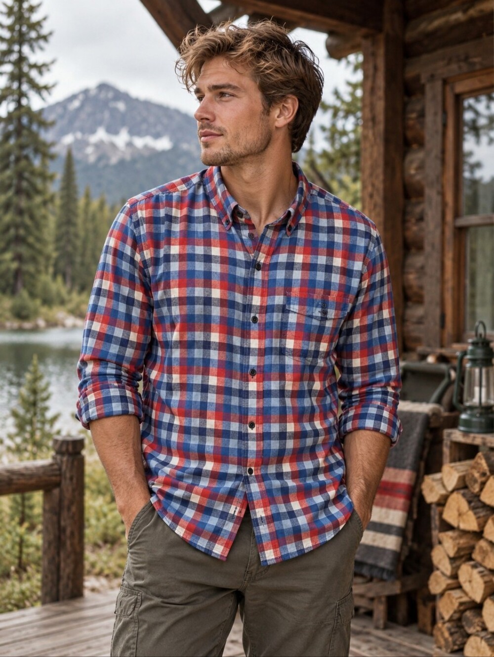 L.L.Bean Slightly Fitted Plaid Button Down Shirt Men's Large Regular Red Blue